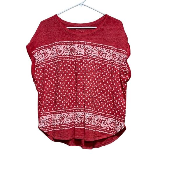 Lucky Brand Tops - Lucky Brand Red White Boho Print Boxy Size Medium Block Print Floral Border Top